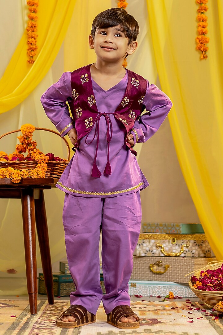 Wine Modal Silk Embroidered Waistcoat Set For Boys by Little Maisyy at Pernia's Pop Up Shop
