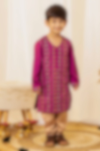 Magenta Swiss Cotton Floral Embroidered Kurta Set For Boys by Little Maisyy at Pernia's Pop Up Shop