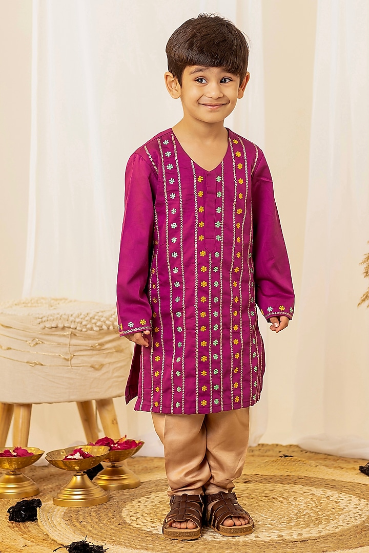 Magenta Swiss Cotton Floral Embroidered Kurta Set For Boys by Little Maisyy at Pernia's Pop Up Shop