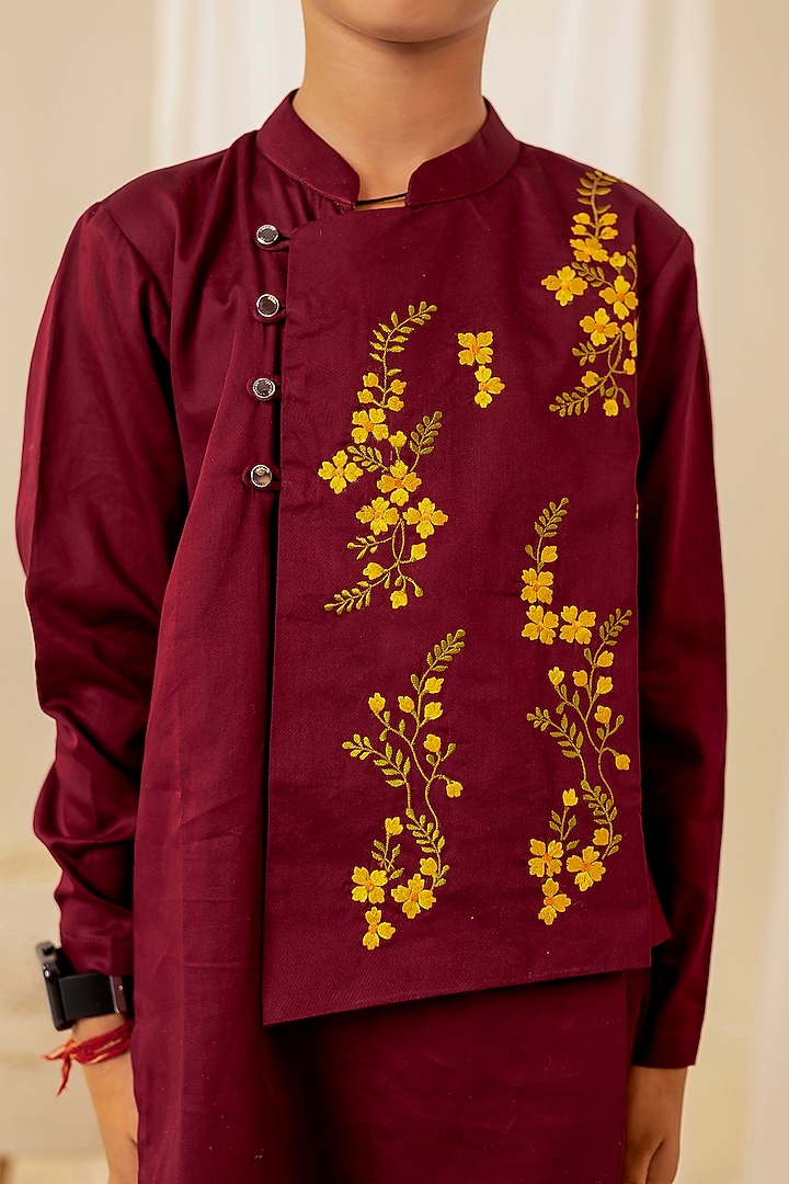 Marron Swiss Cotton Embroidered Kurta Set For Boys by Little Maisyy at Pernia's Pop Up Shop