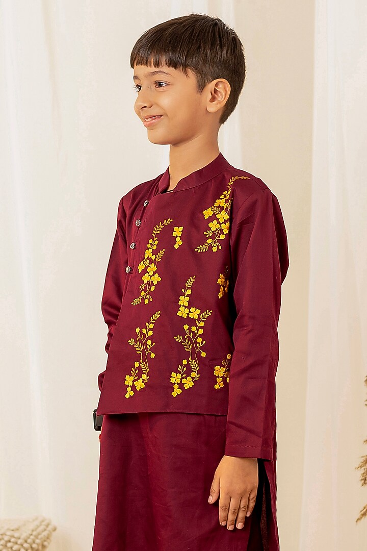 Marron Swiss Cotton Embroidered Kurta Set For Boys by Little Maisyy at Pernia's Pop Up Shop