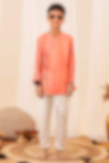 Peach Modal Silk EMbroidered Kurta Set For Boys by Little Maisyy at Pernia's Pop Up Shop