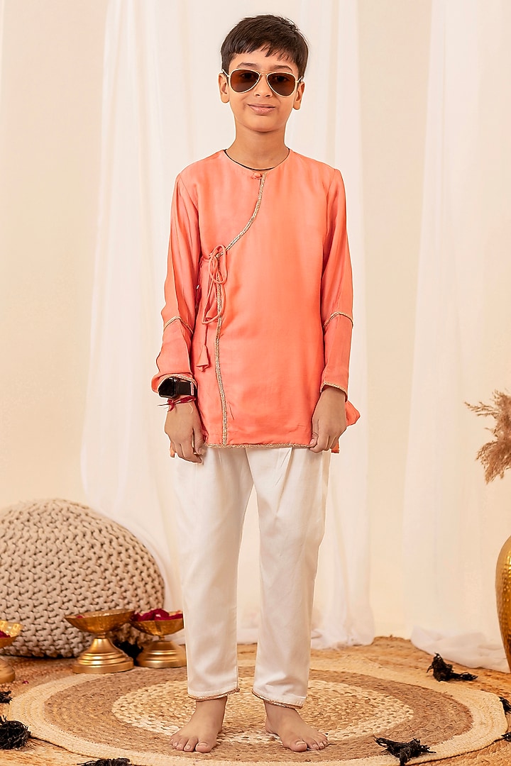 Peach Modal Silk EMbroidered Kurta Set For Boys by Little Maisyy at Pernia's Pop Up Shop