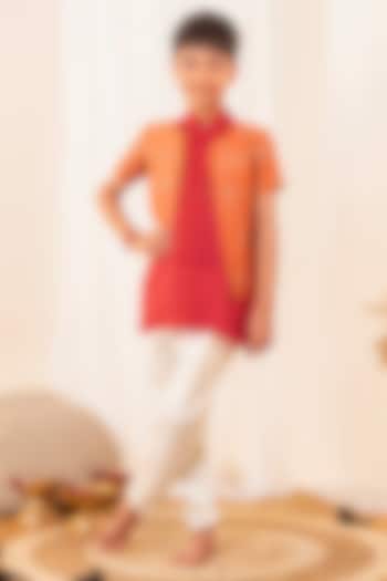 Peach Russian Silk Embroidered Waistcoat Set For Boys by Little Maisyy at Pernia's Pop Up Shop