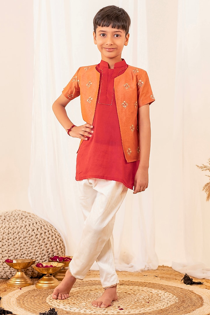 Peach Russian Silk Embroidered Waistcoat Set For Boys by Little Maisyy at Pernia's Pop Up Shop