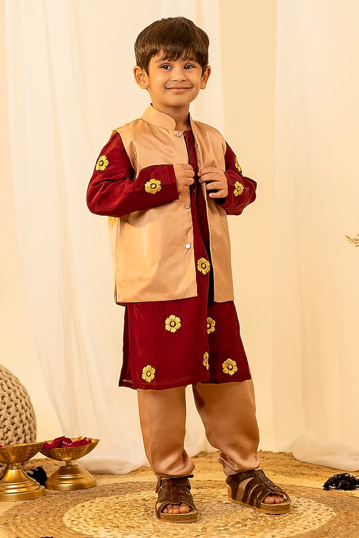 Golden Summer Silk Zari Embroidered Nehru Jacket Set For Boys by Little Maisyy at Pernia's Pop Up Shop