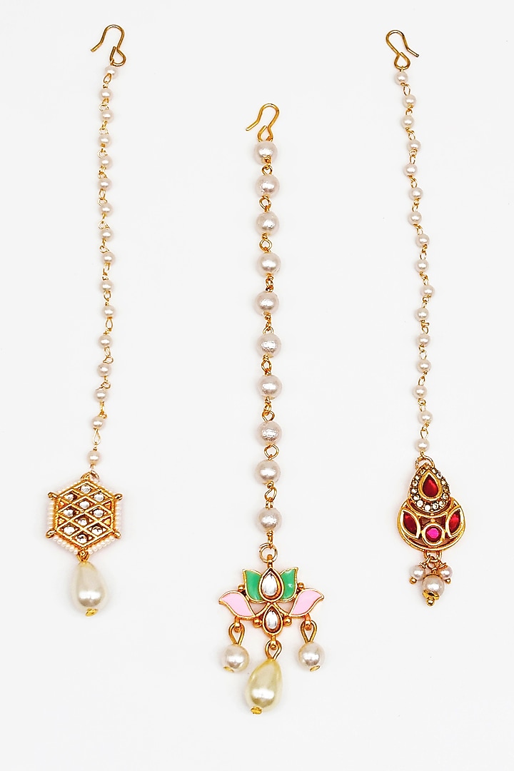 Multi-Colored Kundan & Pearl Maangtikkas For Girls (Set Of 3) by Lime by Manika at Pernia's Pop Up Shop