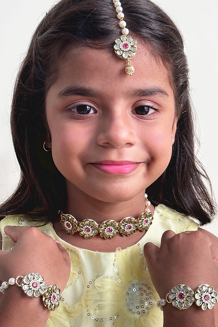 Multi-Colored Kunal & Pearl Floral Choker Necklace Set For Girls by Lime by Manika at Pernia's Pop Up Shop