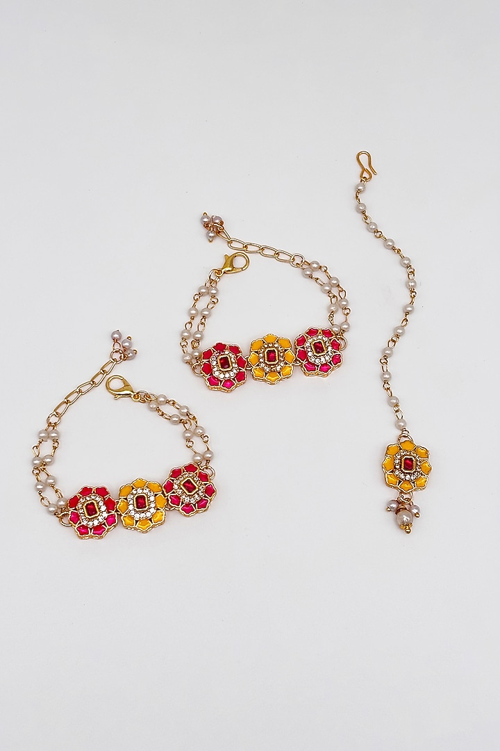 Dark Pink & Dark Yellow Kundan Bracelets Set For Girls by Lime by Manika at Pernia's Pop Up Shop