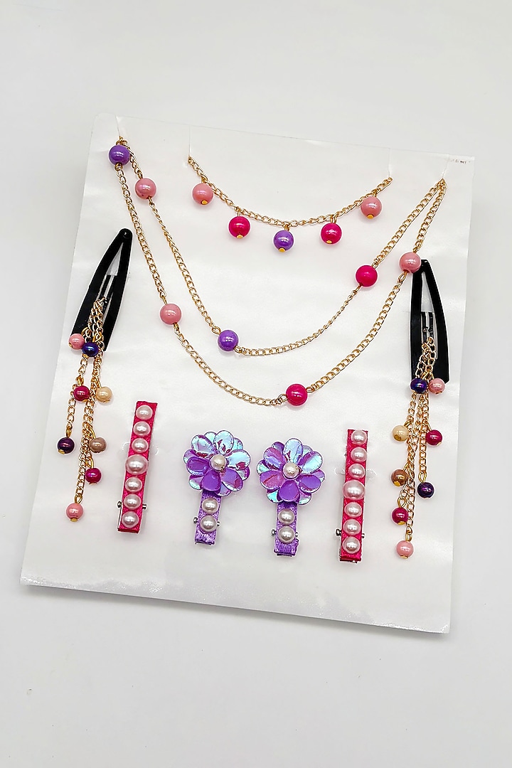 Pink & Purple Pearls & Acrylic Beads Necklace Set For Girls by Lime by Manika at Pernia's Pop Up Shop