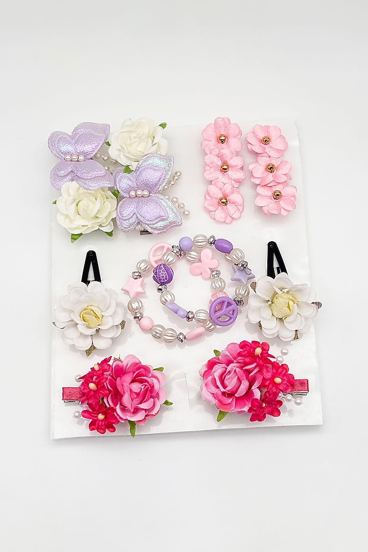 Pink & Purple Floral & Acrylic Beads Hair Clips Set For Girls by Lime by Manika at Pernia's Pop Up Shop