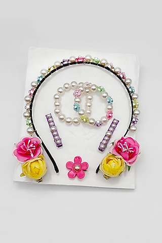 Multi-Colored Beads & Pearl Headband Set For Girls by Lime by Manika