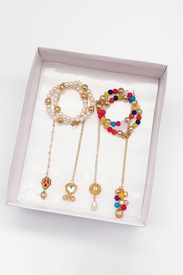 Multi-Colored Kundan & Pearl Maangtikkas For Girls (Set Of 4) by Lime by Manika at Pernia's Pop Up Shop