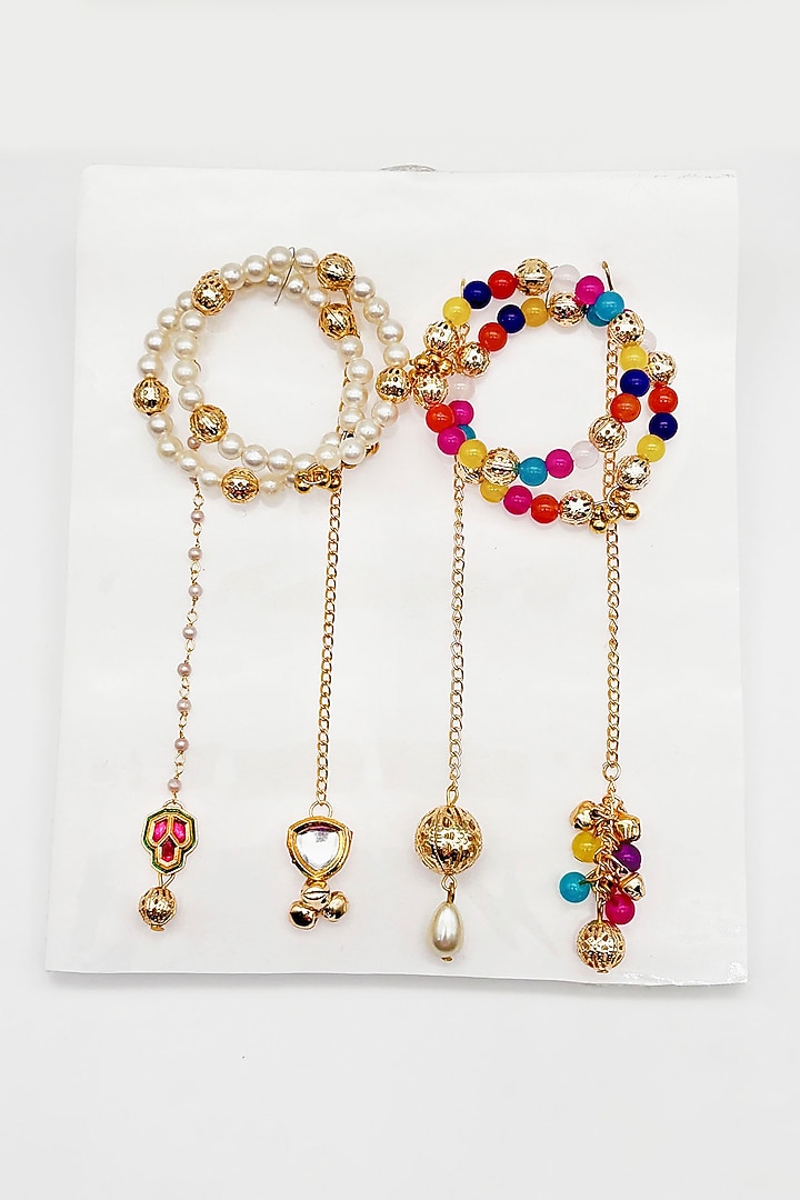 Multi-Colored Kundan & Pearl Maangtikkas For Girls (Set Of 4) by Lime by Manika at Pernia's Pop Up Shop