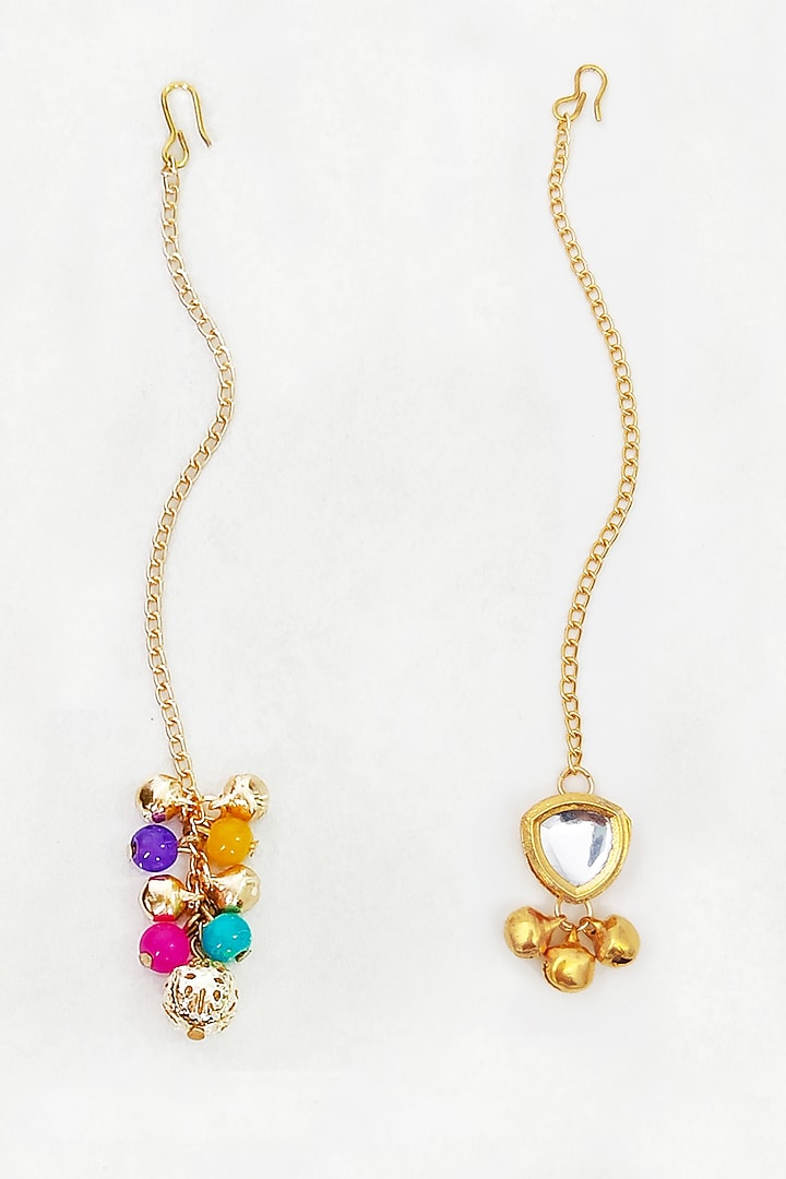 Multi-Colored Kundan & Pearl Maangtikkas For Girls (Set Of 4) by Lime by Manika at Pernia's Pop Up Shop