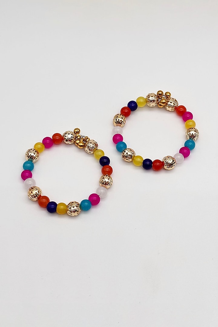 Multi-Colored Kundan & Pearl Maangtikkas For Girls (Set Of 4) by Lime by Manika at Pernia's Pop Up Shop