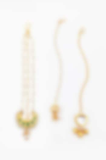 Gold & Emerald Green Kundan Polki Maangtikkas (Set Of 3) For Girls by Lime by Manika at Pernia's Pop Up Shop