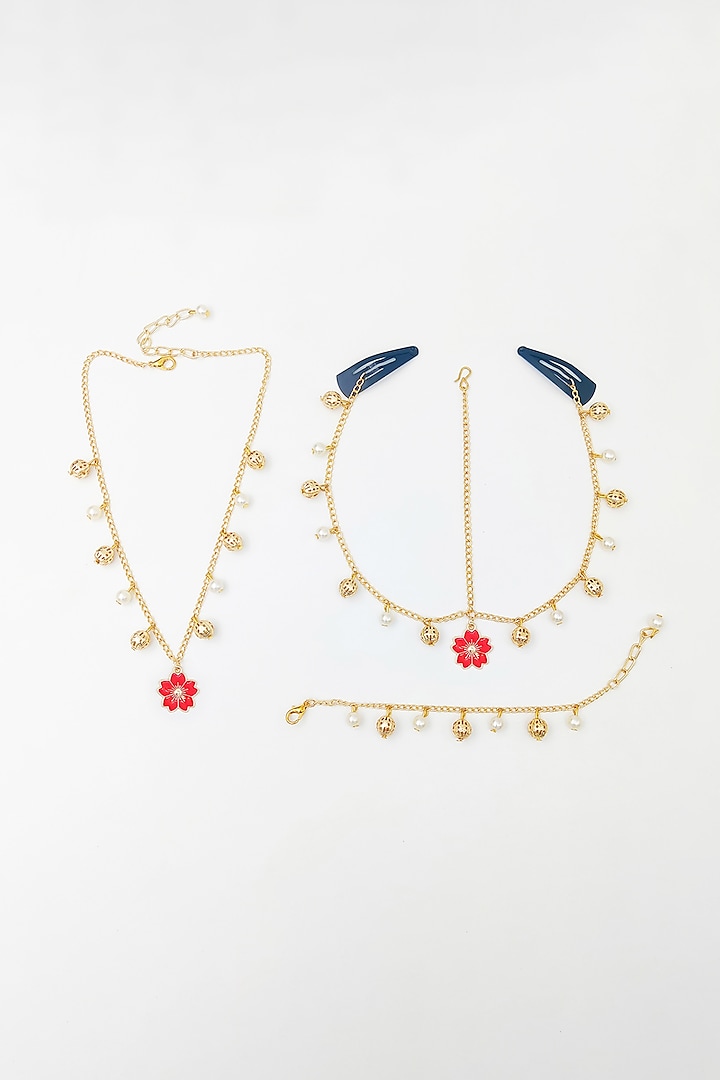 Red & Gold Enamelled Floral Necklace Set For Girls by Lime by Manika