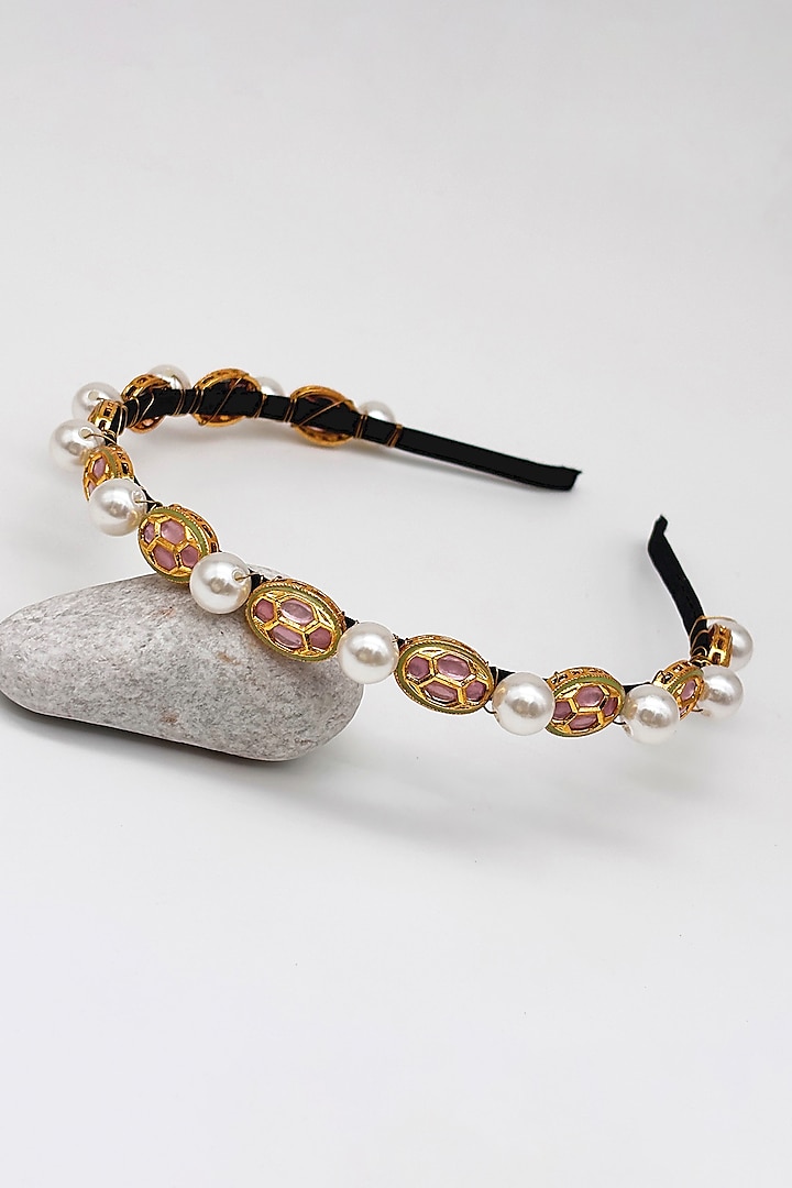 Gold & Light Pink Kundan Headband For Girls by Lime by Manika at Pernia's Pop Up Shop