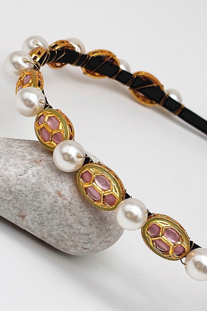 Gold & Light Pink Kundan Headband For Girls by Lime by Manika at Pernia's Pop Up Shop