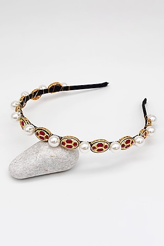 Gold & Ruby Pink Kundan Headband For Girls by Lime by Manika