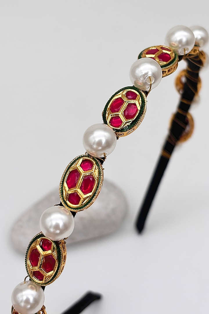 Gold & Ruby Pink Kundan Headband For Girls by Lime by Manika at Pernia's Pop Up Shop