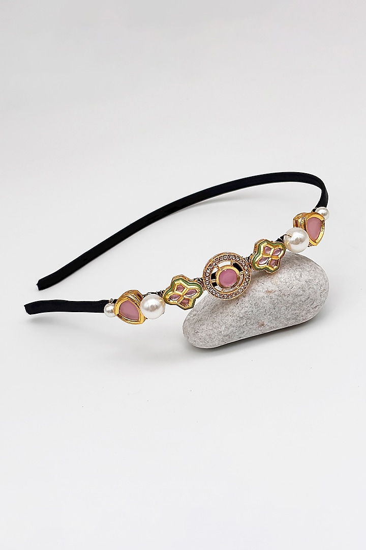 Gold & Light Pink Kundan Headband For Girls by Lime by Manika at Pernia's Pop Up Shop