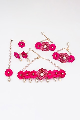 Dark Pink Faux Floral & Beaded Choker Necklace Set For Girls by Lime by Manika