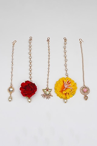 Multi-Colored Faux Floral & Pearl Mangtikkas For Girls (Set Of 5) by Lime by Manika