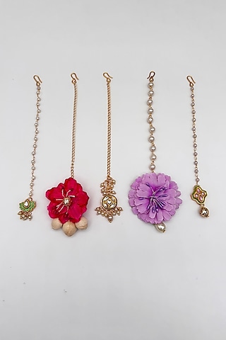 Multi-Colored Pearl & Kundan Mangtikkas (Set Of 5) For Girls by Lime by Manika