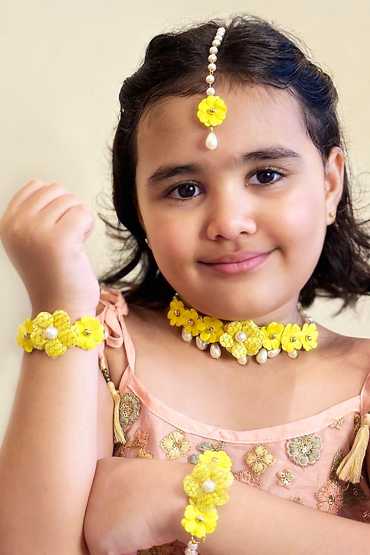 Yellow Faux Floral & Pearl Choker Necklace Set For Girls by Lime by Manika at Pernia's Pop Up Shop