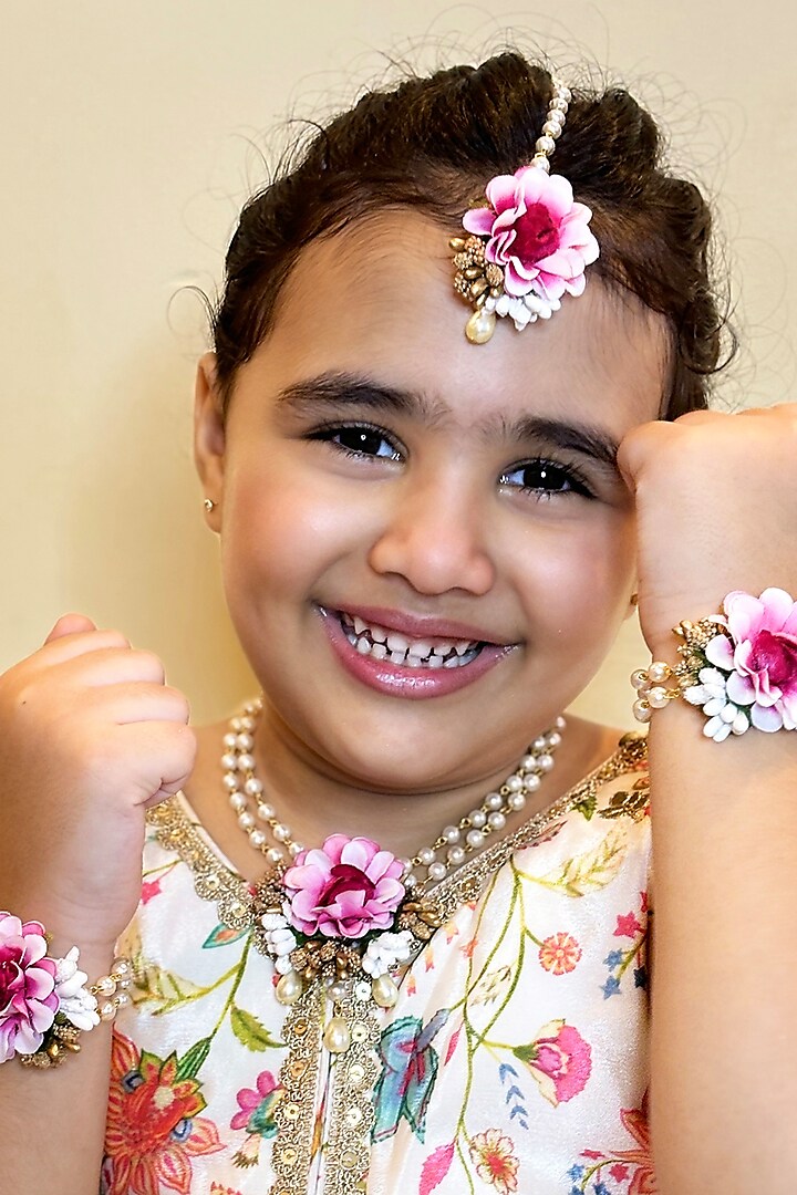 Multi-Colored Floral & Pearl Necklace Set For Girls by Lime by Manika at Pernia's Pop Up Shop