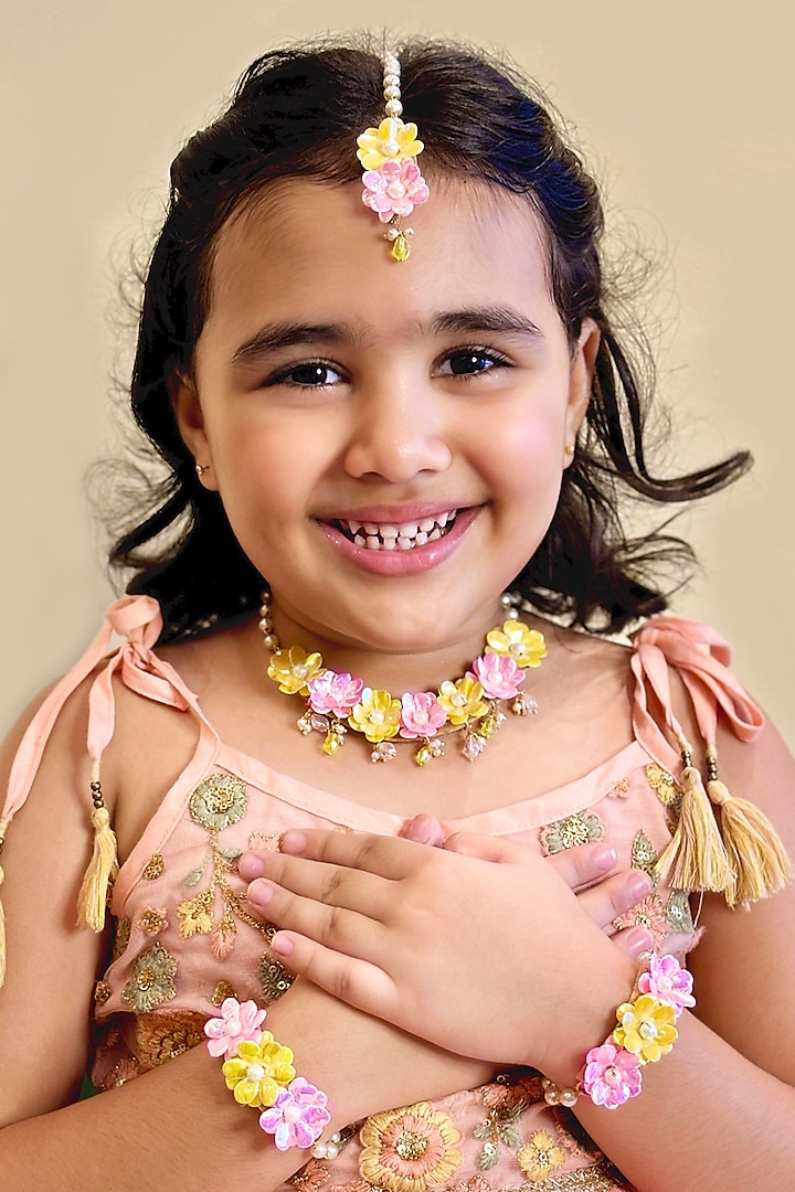 Pink & Yellow Floral Necklace Set For Girls by Lime by Manika at Pernia's Pop Up Shop