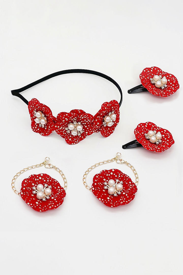 Red & Gold Floral Headband Set For Girls by Lime by Manika at Pernia's Pop Up Shop