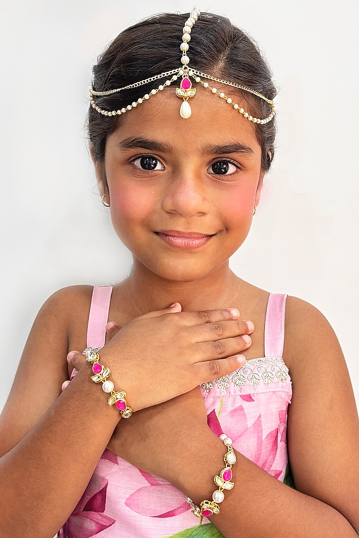 Gold Finish Kundan Polki & Pearl Maangtikka by Lime by Manika at Pernia's Pop Up Shop