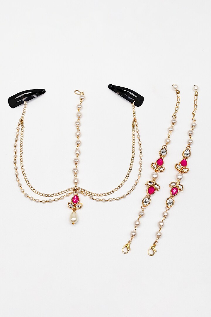 Gold Finish Kundan Polki & Pearl Maangtikka by Lime by Manika at Pernia's Pop Up Shop