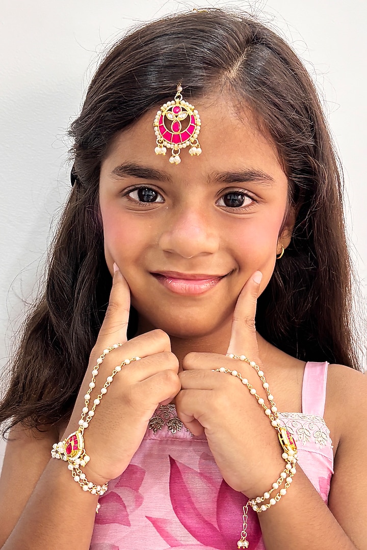 Gold Finish Kundan Polki & Pearl Maangtikka by Lime by Manika at Pernia's Pop Up Shop