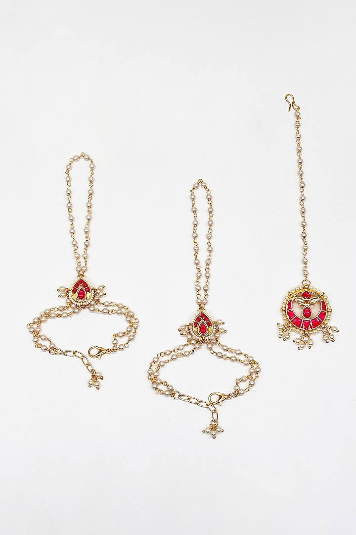 Gold Finish Kundan Polki & Pearl Maangtikka by Lime by Manika at Pernia's Pop Up Shop