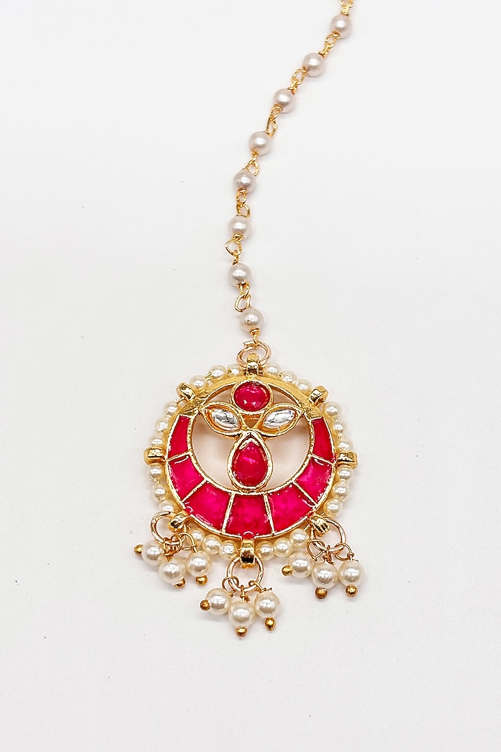Gold Finish Kundan Polki & Pearl Maangtikka by Lime by Manika at Pernia's Pop Up Shop