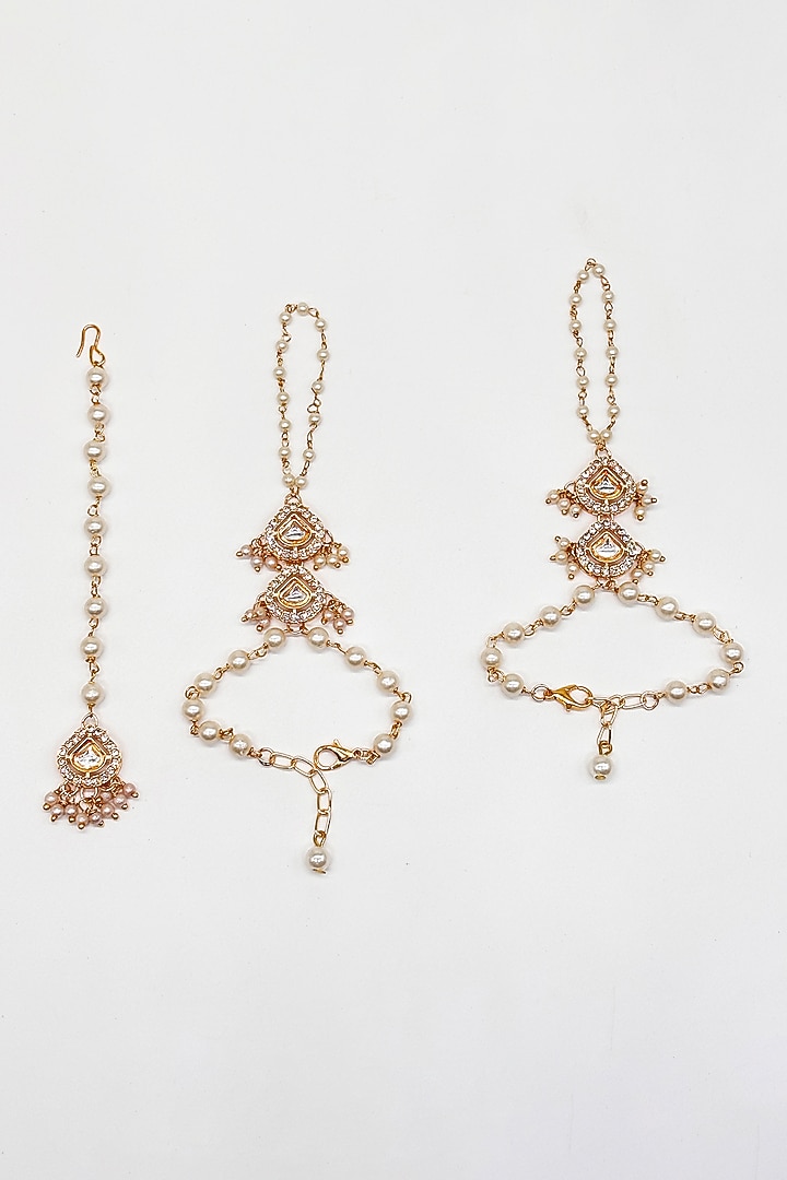 Gold Finish Kundan Polki & Pearl Maangtikka by Lime by Manika at Pernia's Pop Up Shop
