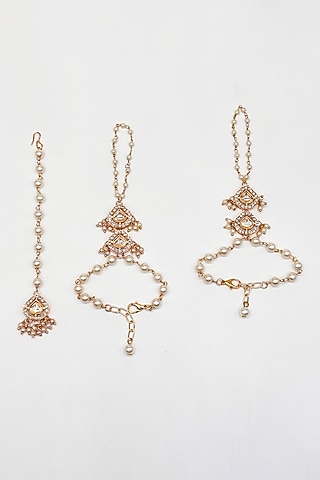 Gold Finish Kundan Polki & Pearl Maangtikka by Lime by Manika