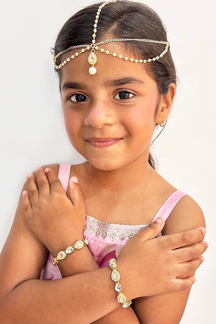 Gold Finish Kundan Polki & Pearl Maangtikka by Lime by Manika at Pernia's Pop Up Shop