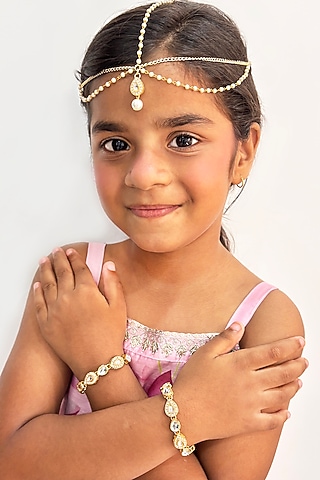 Gold Finish Kundan Polki & Pearl Maangtikka by Lime by Manika