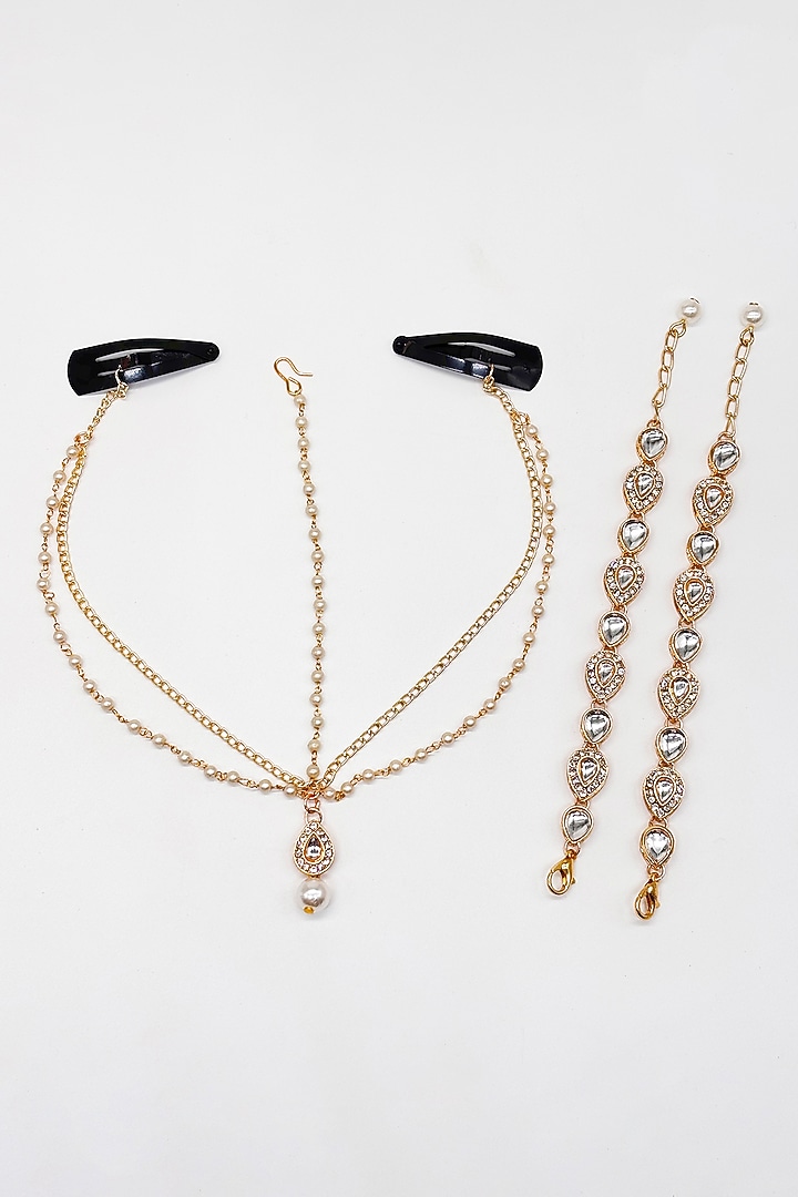 Gold Finish Kundan Polki & Pearl Maangtikka by Lime by Manika at Pernia's Pop Up Shop