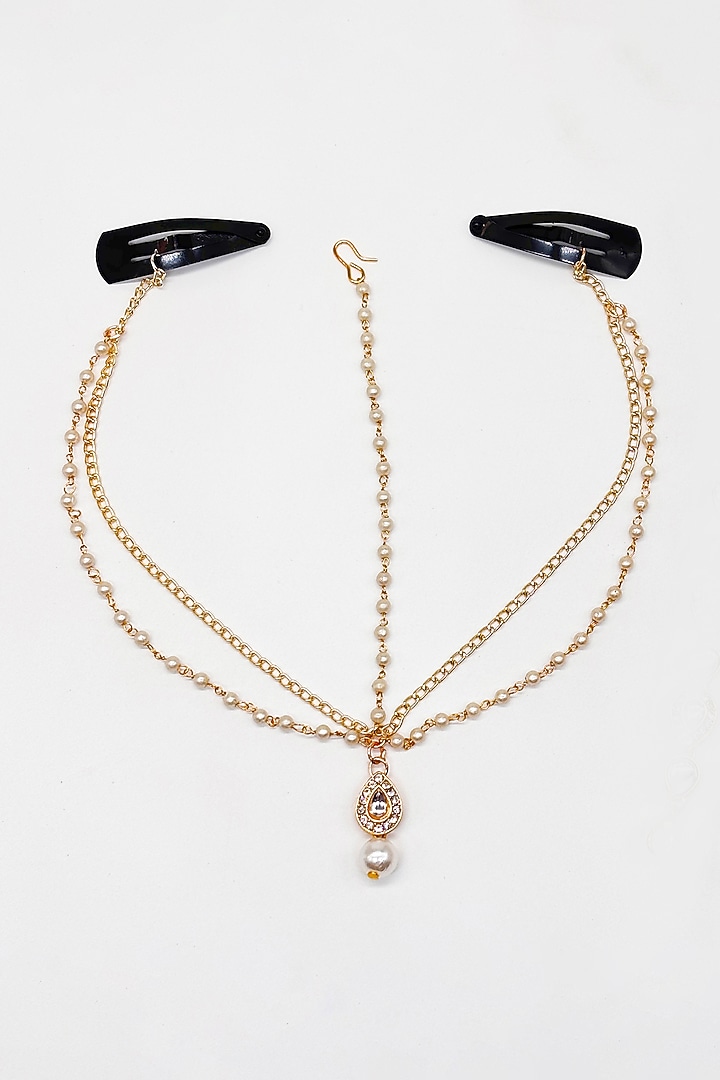 Gold Finish Kundan Polki & Pearl Maangtikka by Lime by Manika at Pernia's Pop Up Shop