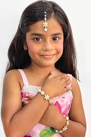 Gold Finish Kundan Polki & Crystal Maangtikka by Lime by Manika