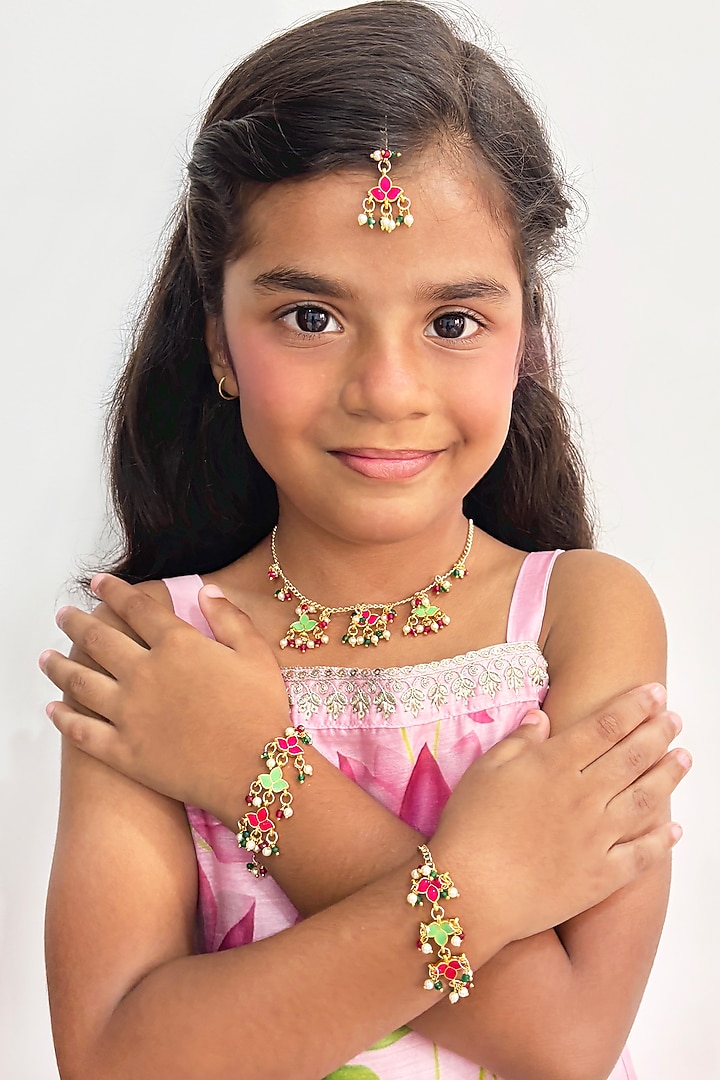 Gold Finish Kundan Polki & Crystal Enameled Necklace Set by Lime by Manika at Pernia's Pop Up Shop