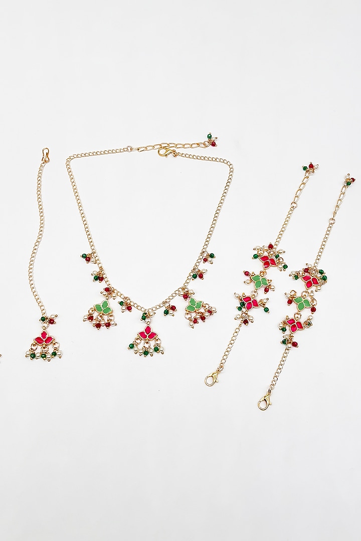 Gold Finish Kundan Polki & Crystal Enameled Necklace Set by Lime by Manika at Pernia's Pop Up Shop