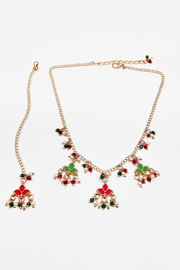 Gold Finish Kundan Polki & Crystal Enameled Necklace Set by Lime by Manika at Pernia's Pop Up Shop