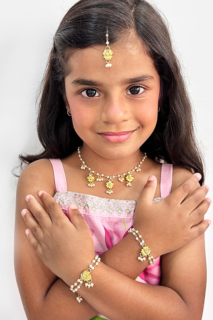 Gold Finish Kundan Polki & Pearl Lotus Necklace Set by Lime by Manika at Pernia's Pop Up Shop